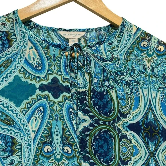 Belle Sky Women Boho Peplum Top XS Blue Teal Paisley Tie Neck Sheer Whimsy NEW - Picture 3 of 8